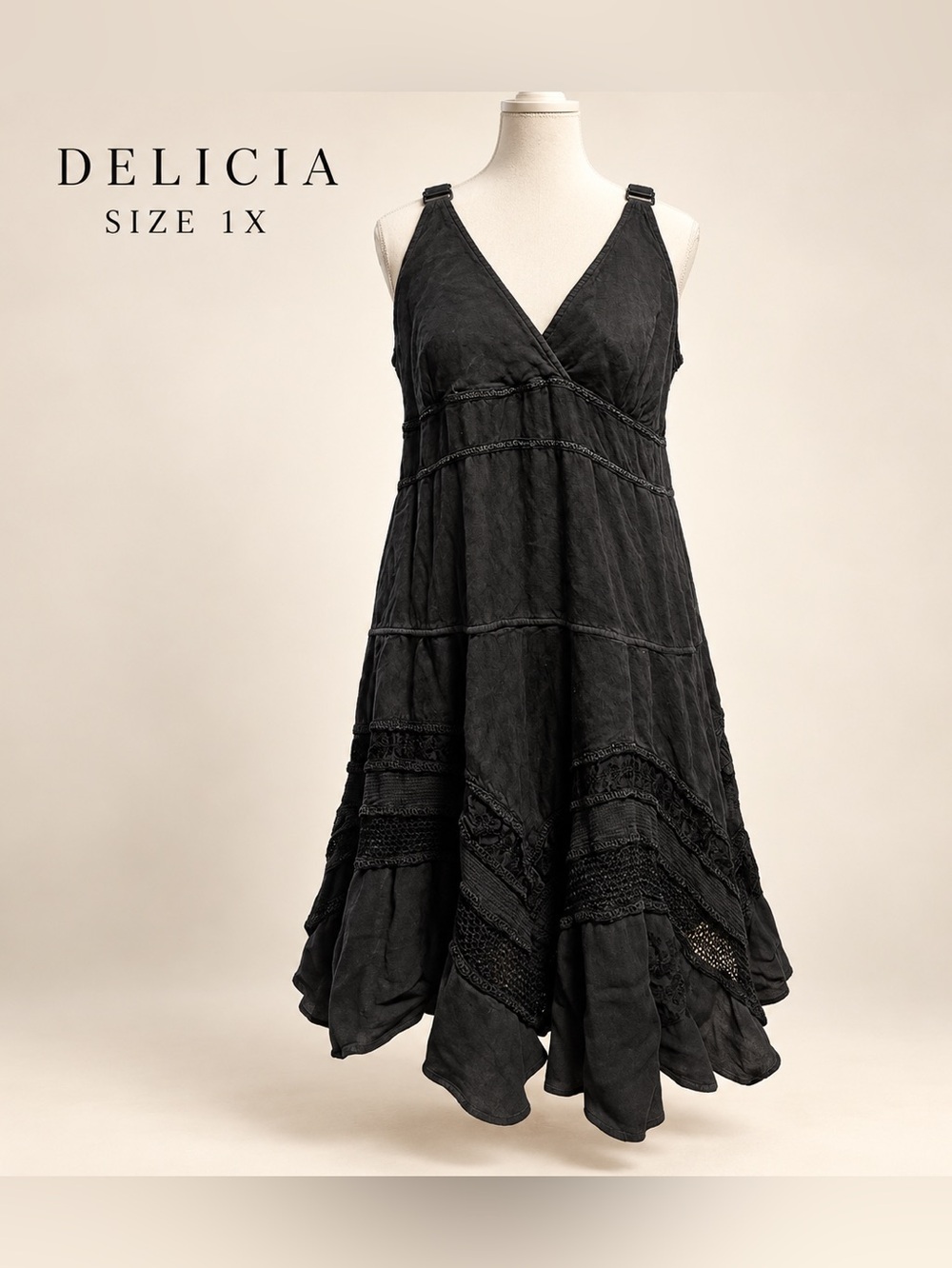 Delicia Black Boho Lace Handkerchief Midi Dress Plus Size 1X